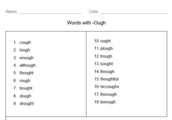 Preview of Spelling list and Activities - Words with -ough