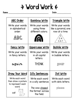 Spelling or Sight Word Word Work Choice Board and Activities | Literacy ...