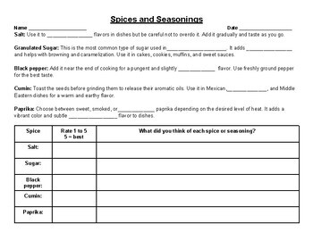 Preview of Spice & Seasoning Lab Notes Matrix for Middle and High School Cooking Class
