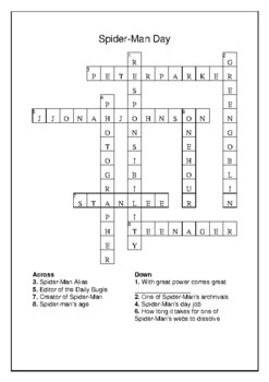 Spider Man Day August 1st Crossword Puzzle Word Search Bell Ringer