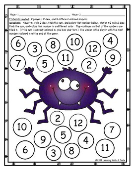 Spider Math - ROLL, ADD, AND COLOR (free) by Learning With A Smile