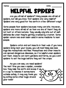 Spiders Reading Comprehension | Main Idea | Halloween | #fabdeals1