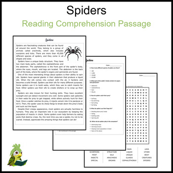 Spiders Reading Comprehension and Word Search by Kakapo Reading Passages