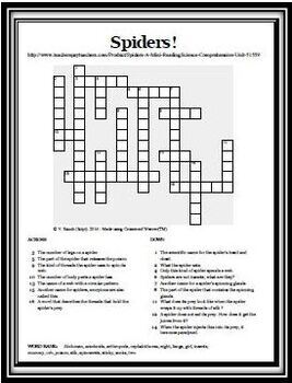 Spiders Two Crossword Puzzles that Feature 16 Words Related to Spiders