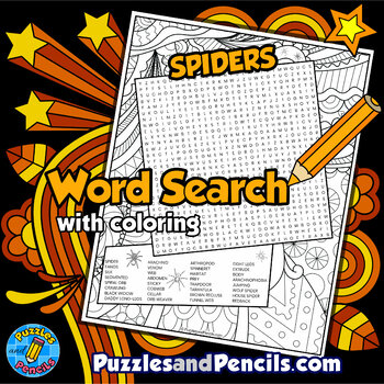 Spiders Word Search Puzzle Activity Page with Coloring | Halloween Puzzle