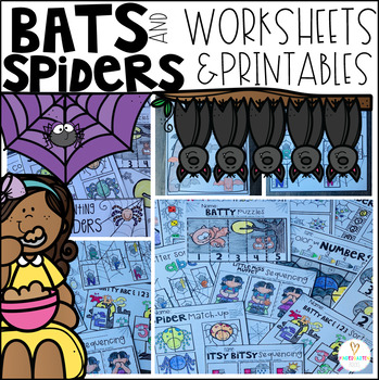 Preview of Spiders and Bats Math and Literacy Worksheets Halloween Printables