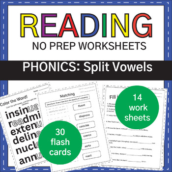 Preview of Split vowels: NO PREP phonics worksheets and flashcards