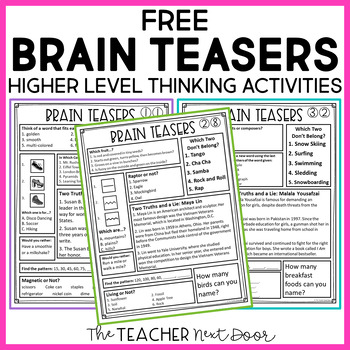 Preview of FREE Brain Teasers for Transitions Higher Level Thinking - Fast Finishers