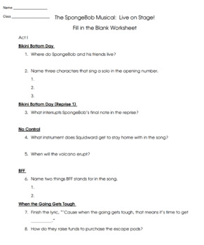 Preview of SpongeBob the Musical Worksheets