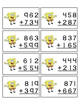 Preview of Spongebob 3-Digit Addition and Subtraction Cards
