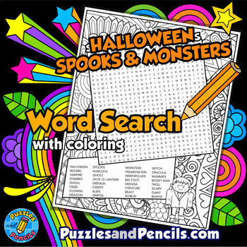 Preview of Spooks & Monsters Word Search Puzzle Activity with Coloring | Halloween Puzzle