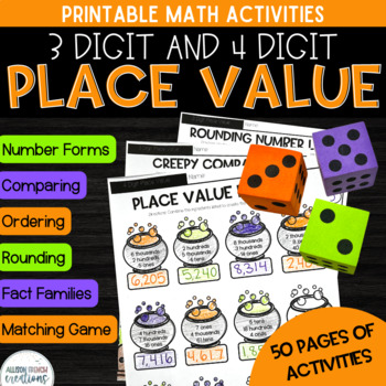 Preview of Halloween Math Activities 3 Digit and 4 Digit Place Value Worksheets & Games