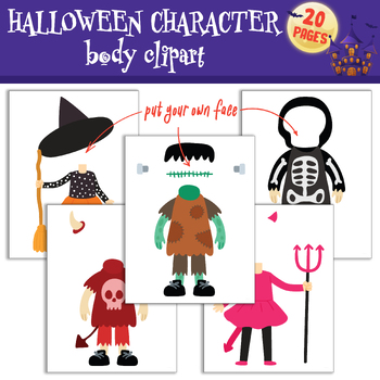 Preview of Spooky Halloween Character Body Clipart Set with Customizable Faces - 20 Pages