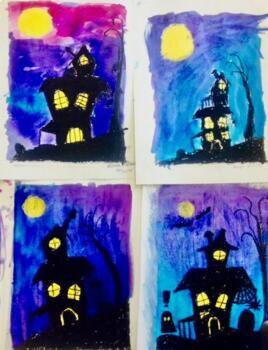 Preview of SPOOKY HOUSE HALLOWEEN ART LESSON Grade 2-8