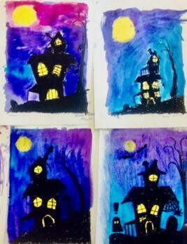 SPOOKY HOUSE HALLOWEEN ART LESSON Grade 2-8 by Art Teacher in LA