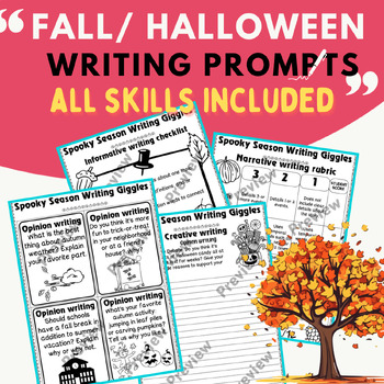 Preview of 70+ Fall / Halloween / October, November Writing Prompts activities (All skills)