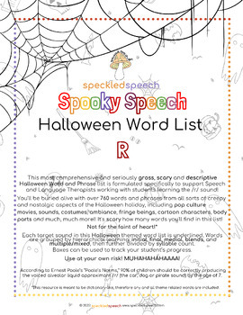 Preview of Spooky Speech HALLOWEEN Word List - R - Speckled Speech