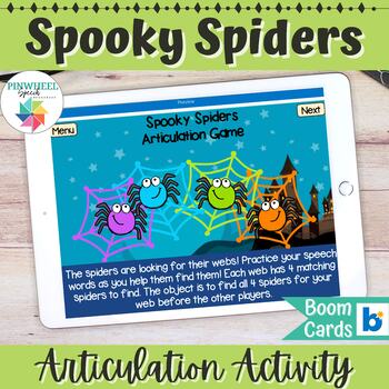 Preview of Spooky Spiders Articulation Game Boom Cards™ Speech Therapy Halloween Activity