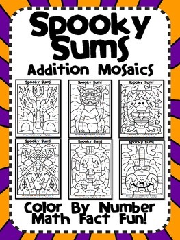 Preview of Spooky Sums! Halloween Addition Mosaics-Color By Number