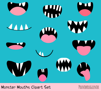 Spooky monster mouths clipart, Funny ugly Halloween alien face elements  teeth