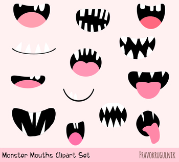 Spooky monster mouths clipart, Funny ugly Halloween alien face elements  teeth