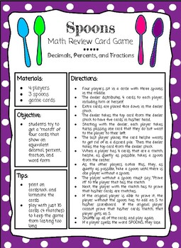 Preview of Spoons Math Review Card Game * Equivalent Decimals, Fractions, and Percents