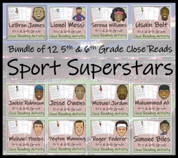Preview of Sport Stars Bundle of 12 Close Reading Comprehension Activities 5th & 6th Grade