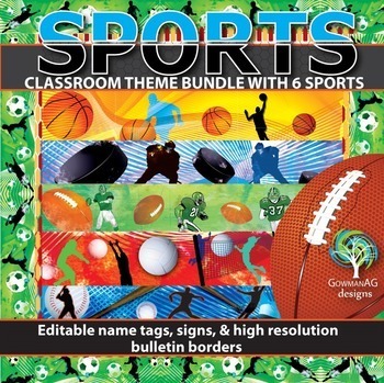 Preview of Sports Theme Classroom Bundle Editable with Bulletin Borders, Banners, and Signs
