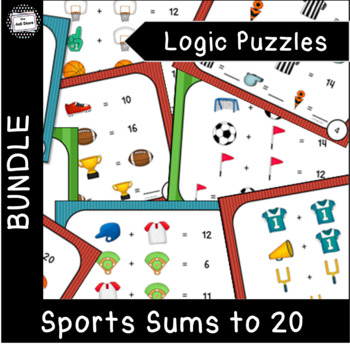 Preview of Sports Math Logic Puzzle Addition Sums to 20 Enrichment Task Cards Bundle
