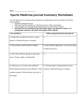 Preview of Sports Medicine Journal Article Summary Graphic Organizer with Rubric