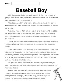 Preview of Sports Reading Comprehension Passage 5: Baseball Boy (Grade 4-5)