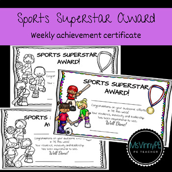 Preview of Sports Superstar Award for PE class, weekly achievement award.