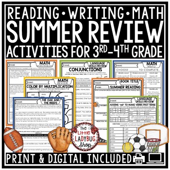 Preview of Sports Theme 3rd 4th Grade Summer School Review Packet Writing Prompts Reading