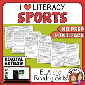 Preview of Sports Themed ELA & Spiral Reading Skills Review Packet Morning Work Warmup 3-5