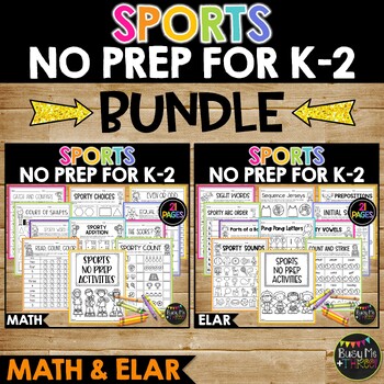 Preview of Sports Themed No Prep Math and ELAR BUNDLE | Worksheets Kindergarten | 1st | 2nd