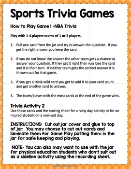 Sports Trivia Game Nba Basketball Game Jar By Peaceful Playgrounds