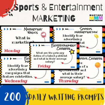 Preview of Sports and Entertainment Marketing Bell Ringer Writing Prompts (Editable)