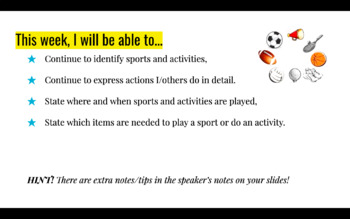 Preview of Sports and Free Time Equipment Attrezzi Lesson and Activity Set Printable Slides