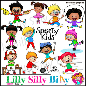 Preview of Sporty Kids. Clipart in Color & Black/white. {Lilly Silly Billy}