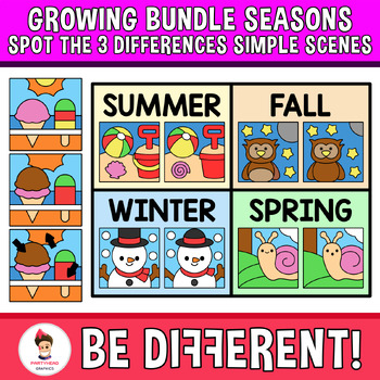 Preview of Spot The Difference Clipart 3 Differences Seasons Growing Bundle Simple Scenes