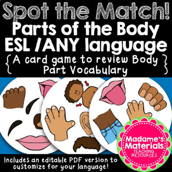 Preview of Spot the Match game for Body Part Vocabulary: Editable Cards ANY Language/ESL