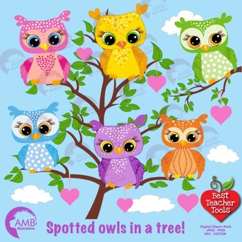 Owl clipart, Spotted Owls cliparts, Owls in trees, AMB-286 ...