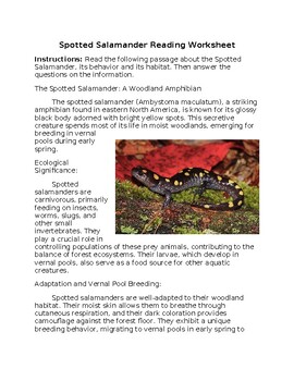 Preview of Spotted Salamander Reading Worksheet w/Answer Key **Editable**