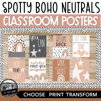 Preview of Spotty Boho Neutrals Posters Bulletin Board Set Growth Mindset Classroom Posters