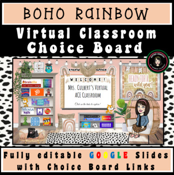 Preview of Spotty Boho Rainbow Virtual Classroom | Google Slides Choice Board Links