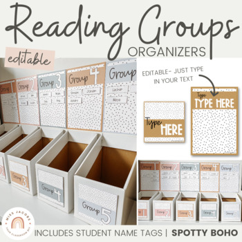 Preview of Spotty Boho Reading Groups Organizers | Editable Neutral Guided Reading Labels