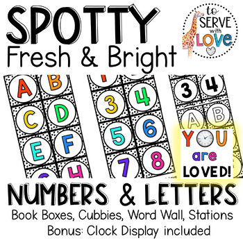 Preview of Spotty Fresh & Bright | Word Wall Numbers and Letters Labels and clock display