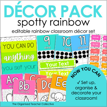 Preview of Spotty Rainbow Classroom Decor Bundle - Editable Classroom Decor