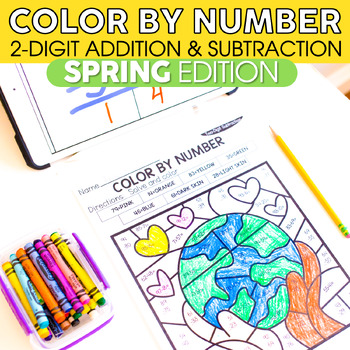 Preview of Earth Day & Spring Coloring for 2-Digit Addition with Regrouping & Subtraction