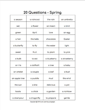 Spring 20 questions games-No prep speaking, listening and